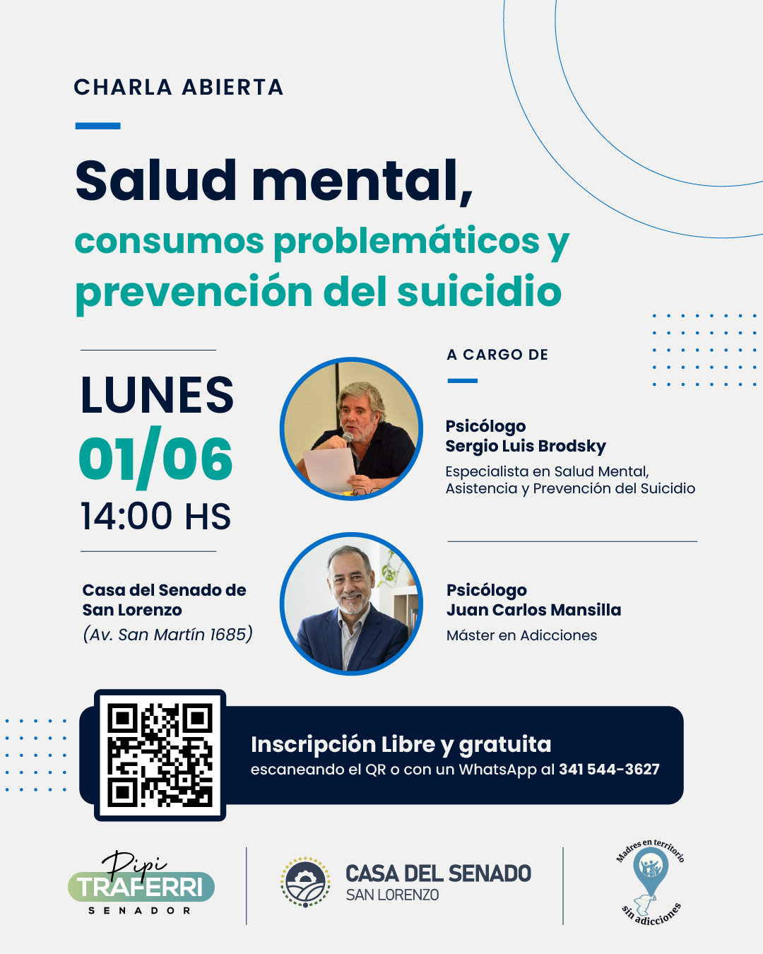 La Casa del Senado invita a una charla abierta sobre salud mental, consumos problemáticos y prevención del suicidio